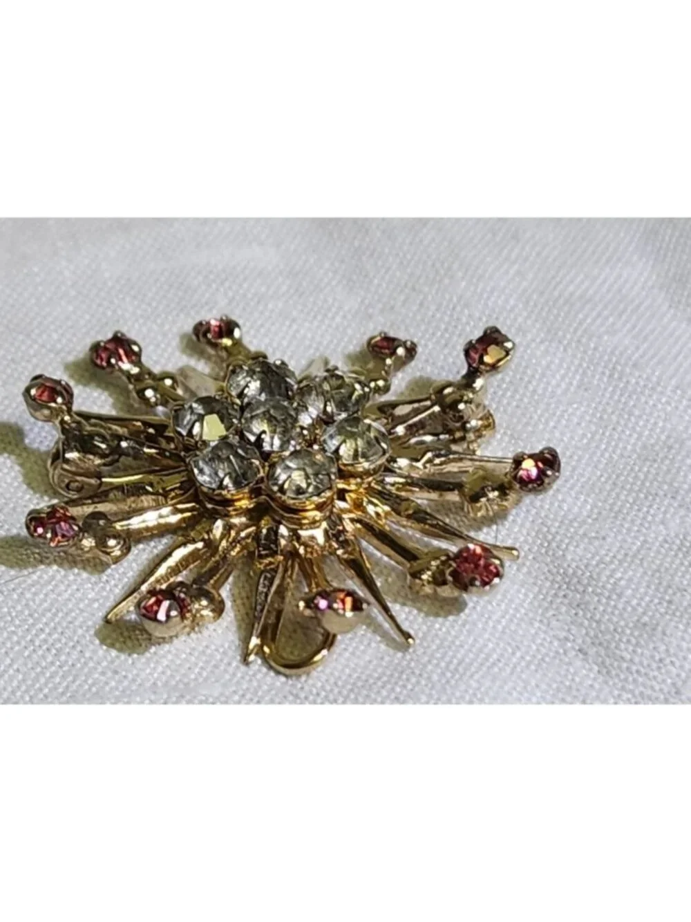 Vintage Gold Tone Asteroid Brooch Pink & Clear Rhinestones Mid-Century Starburst